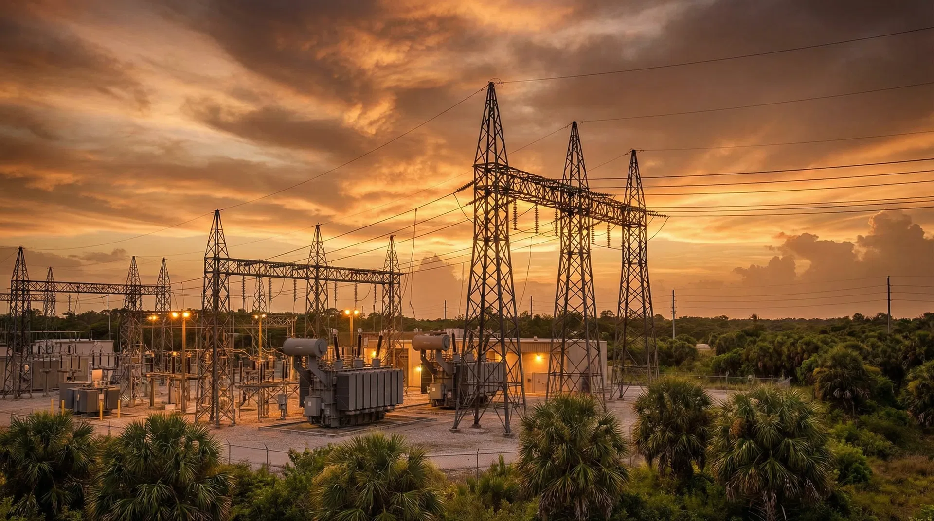 Electrical substation at sunset in Southeast US